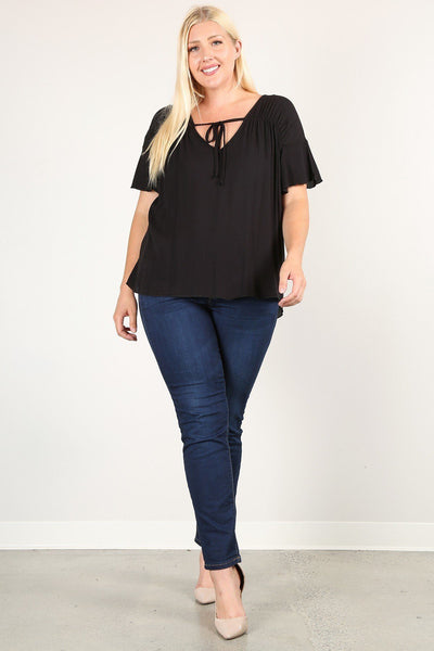 Plus Size Solid Top With A Necktie, Pleated Detail, And Flutter Sleeves - Deals Kiosk