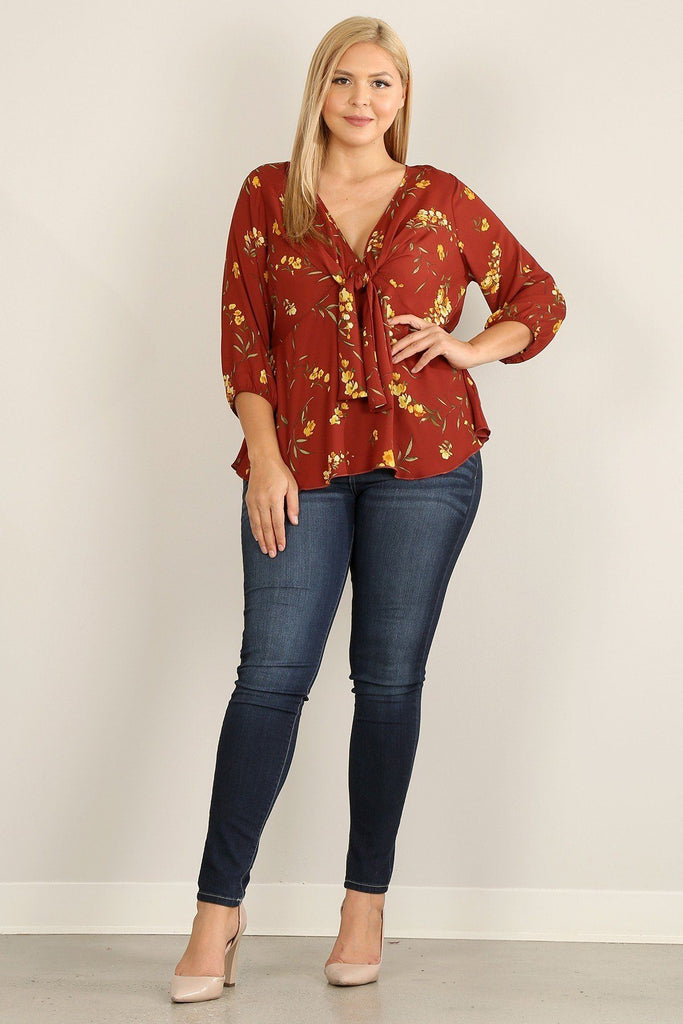 Plus Size Floral Print 3/4 Sleeve Top With V-neckline And Relaxed Fit - Deals Kiosk