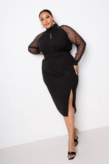 High Neck Dress With Polka Dot Mesh Insert - Deals Kiosk