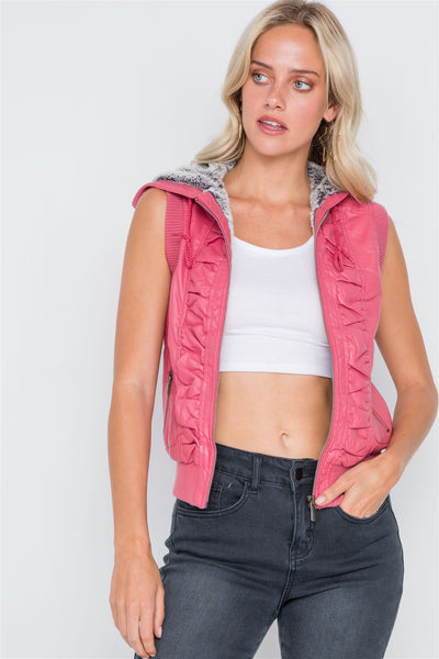 Pink Vegan Leather Shirred Faux Fur Lining Draw String Tie Hood Detail Vest - Deals Kiosk
