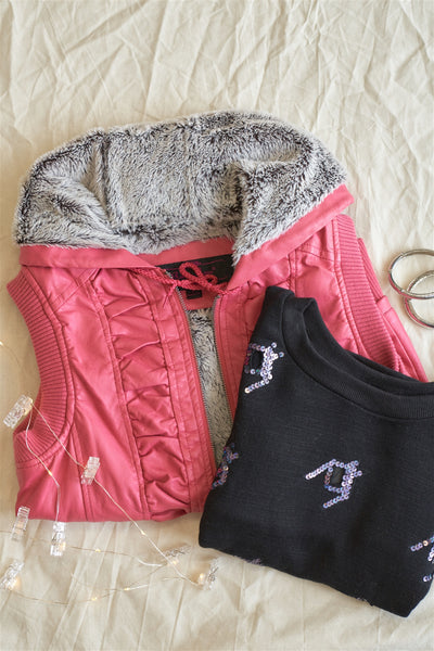 Pink Vegan Leather Shirred Faux Fur Lining Draw String Tie Hood Detail Vest - Deals Kiosk