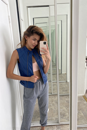 Blue Vegan Leather Faux Fur Lining Triple Zip-up Detail Moto Vest - Deals Kiosk