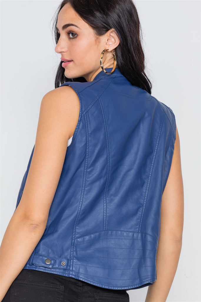 Blue Vegan Leather Faux Fur Lining Triple Zip-up Detail Moto Vest - Deals Kiosk