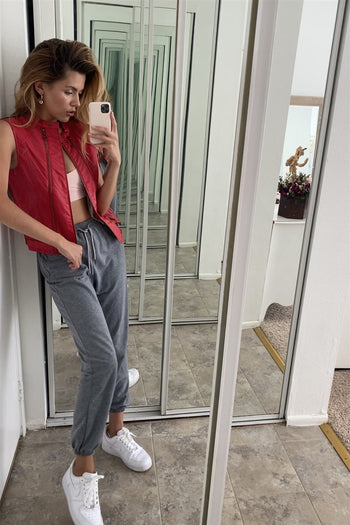 Red Vegan Leather Faux Fur Lining Triple Zip-up Detail Moto Vest - Deals Kiosk