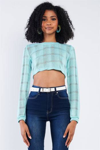 Tiffany Blue Cropped Knit Long Sleeve Sweater - Deals Kiosk
