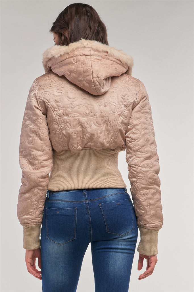 Letter Printed Zip-up Faux Fur Hood Detail Cropped Winter Bomber Jacket - Deals Kiosk