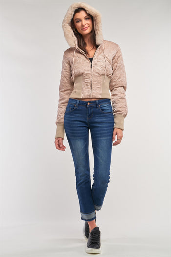 Letter Printed Zip-up Faux Fur Hood Detail Cropped Winter Bomber Jacket - Deals Kiosk