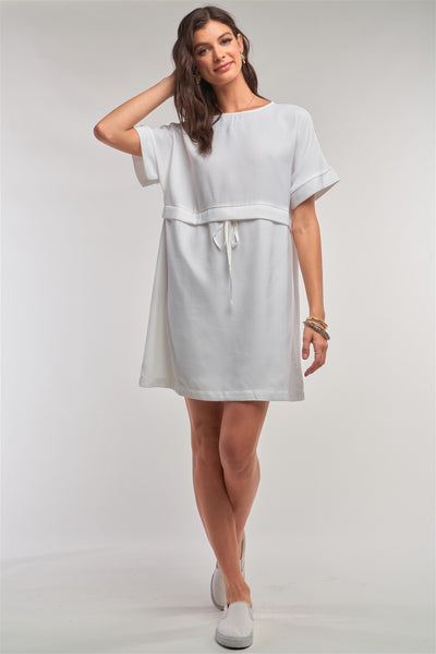 Off-white Short Sleeve Relaxed Fit Draw String Tie Waist Detail Mini Dress - Deals Kiosk