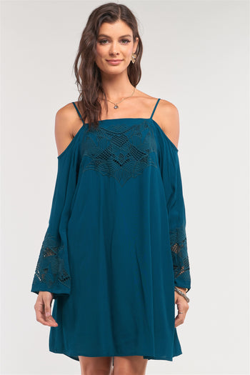 Teal Green Off-the-shoulder Flare Long Sleeve Square Neck Crochet Embroidery Mini Dress - Deals Kiosk