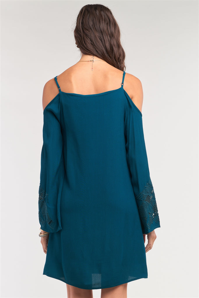 Teal Green Off-the-shoulder Flare Long Sleeve Square Neck Crochet Embroidery Mini Dress - Deals Kiosk