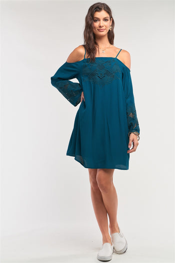 Teal Green Off-the-shoulder Flare Long Sleeve Square Neck Crochet Embroidery Mini Dress - Deals Kiosk