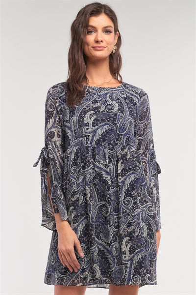 Navy Multicolor Paisley Print Loose Fit Trumpet Sleeve Self-tie Detail Mini Dress - Deals Kiosk