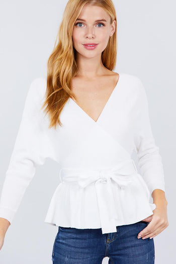 V-neck Wrapped Waist Band Sweater - Deals Kiosk