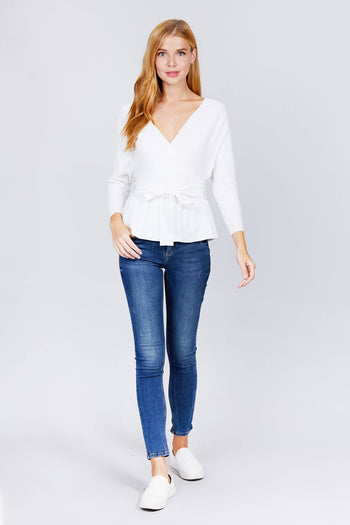 V-neck Wrapped Waist Band Sweater - Deals Kiosk