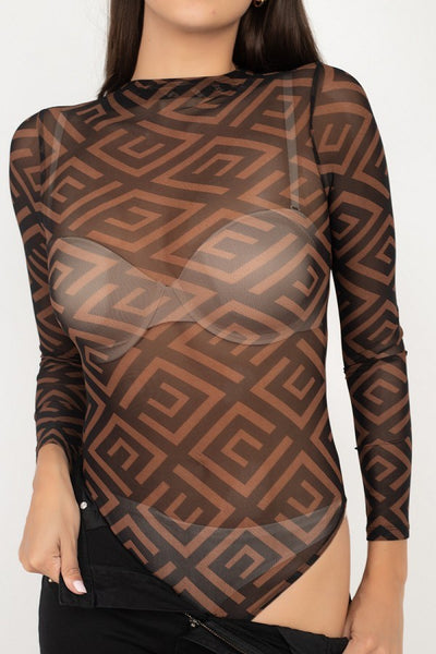 Long Sleeve Geometric Bodysuit - Deals Kiosk
