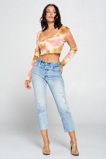 Long Sleeve Tie Dye Crop Top - Deals Kiosk