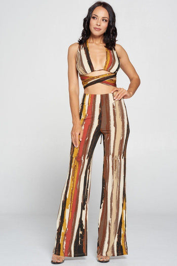 Stripped Cropped Top And Wide Leg Pants Set - Deals Kiosk