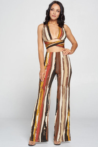 Stripped Cropped Top And Wide Leg Pants Set - Deals Kiosk
