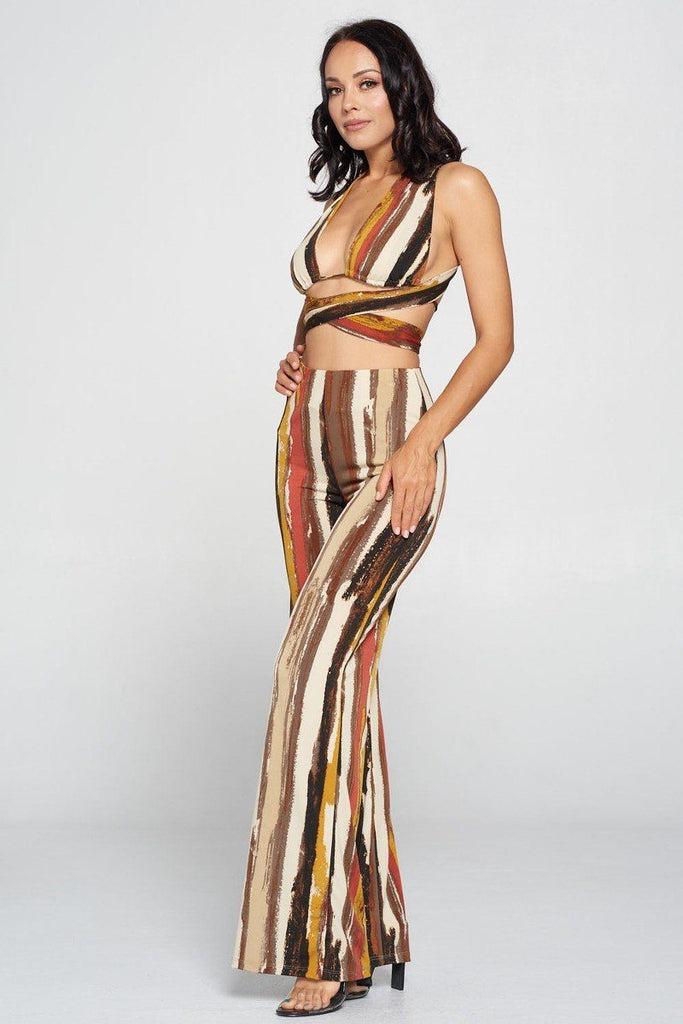 Stripped Cropped Top And Wide Leg Pants Set - Deals Kiosk