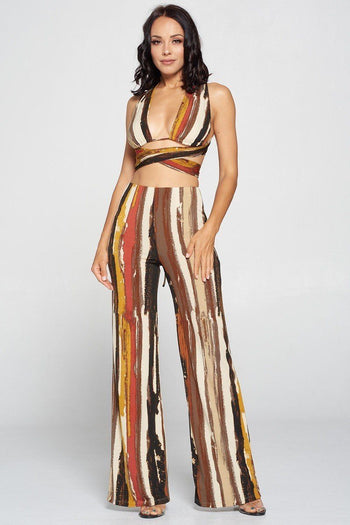 Stripped Cropped Top And Wide Leg Pants Set - Deals Kiosk