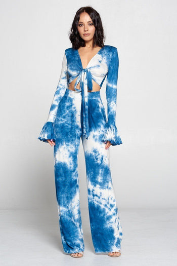 Tie Dye Fronttie Top And Wide Leg Pants Set - Deals Kiosk