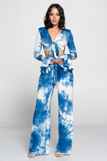 Tie Dye Fronttie Top And Wide Leg Pants Set - Deals Kiosk