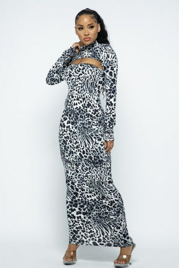 Mock Neck Long Sleeve Thumb In Top With Tube Top Long Dress Set - Deals Kiosk