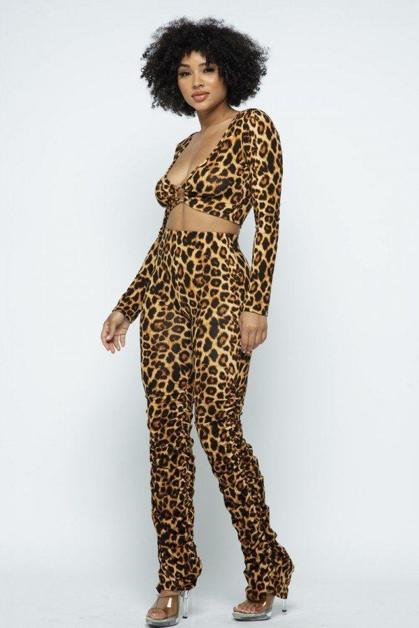 Leopard Printed Crop Top O Ringdetail Bottom Shirring Pant Set - Deals Kiosk