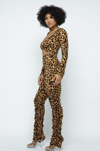 Leopard Printed Crop Top O Ringdetail Bottom Shirring Pant Set - Deals Kiosk