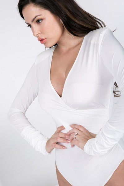 Long Sleeve Shirred Detail Surplice Bodysuit - Deals Kiosk