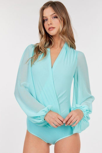 Puff Sleeve Surplice Sheer Chiffon Bodysuit - Deals Kiosk