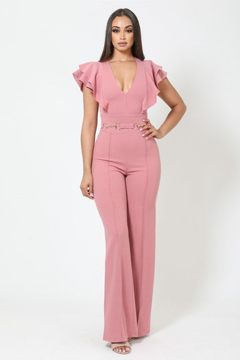 Layered Ruffle Shoulder Jumpsuit W/ Buckle Detail - Deals Kiosk