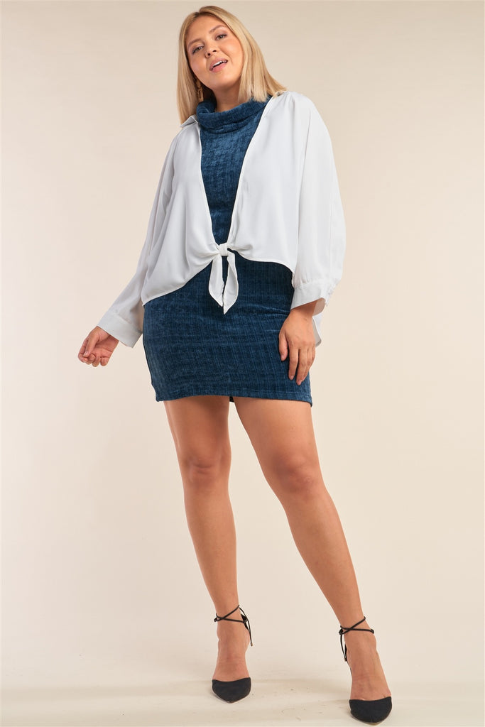 Plus Size White Open Front Relaxed Fit Self-tie Bottom Hem Long Sleeve Collared Shirt Top - Deals Kiosk