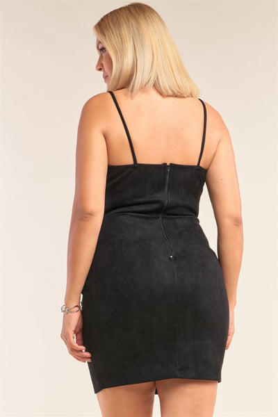 Plus Size Suede Sleeveless Fitted Square Neck Mini Dress - Deals Kiosk