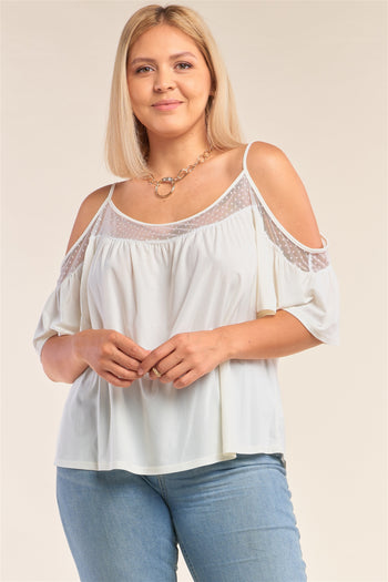 Plus Size Ivory Relaxed Fit Off-the-shoulder Polka Dot Mesh Hem Babydoll Top - Deals Kiosk