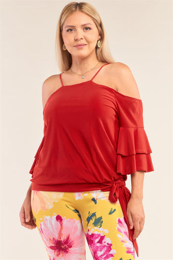 Plus Size Red Sleeveless Off-the-shoulder Layered Angel Sleeve Self-tie Hem Top - Deals Kiosk