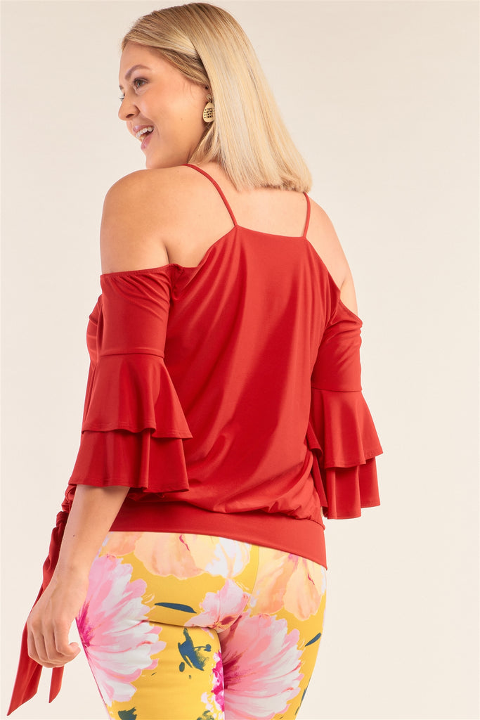 Plus Size Red Sleeveless Off-the-shoulder Layered Angel Sleeve Self-tie Hem Top - Deals Kiosk