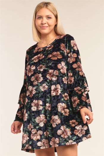 Plus Size Floral Print Velvet Long Layered Hem Sleeve Mini Dress - Deals Kiosk