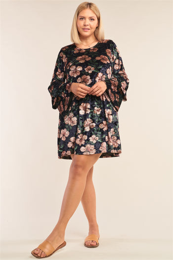 Plus Size Floral Print Velvet Long Layered Hem Sleeve Mini Dress - Deals Kiosk