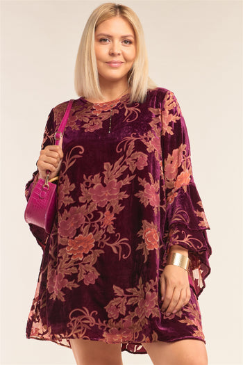 Plus Size Velvet Floral Pattern Long Angel Sleeve Round Neck Relaxed Fit Mini Dress - Deals Kiosk