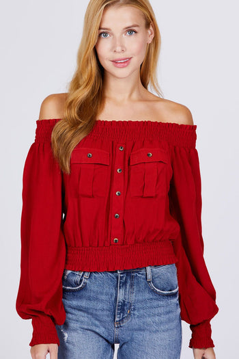 Front Pocket Off Shoulder Top - Deals Kiosk
