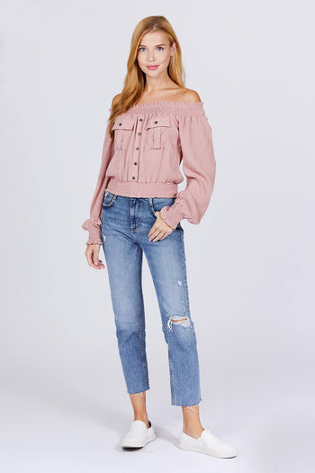 Front Pocket Off Shoulder Top - Deals Kiosk