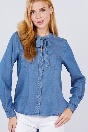 V-neck Tie Tencel Shirt - Deals Kiosk