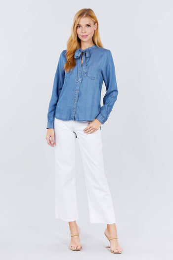 V-neck Tie Tencel Shirt - Deals Kiosk