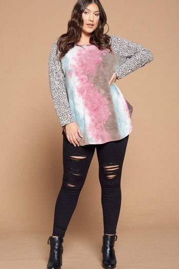 Plus Size French Terry Tie Dye Casual Color Block Top - Deals Kiosk