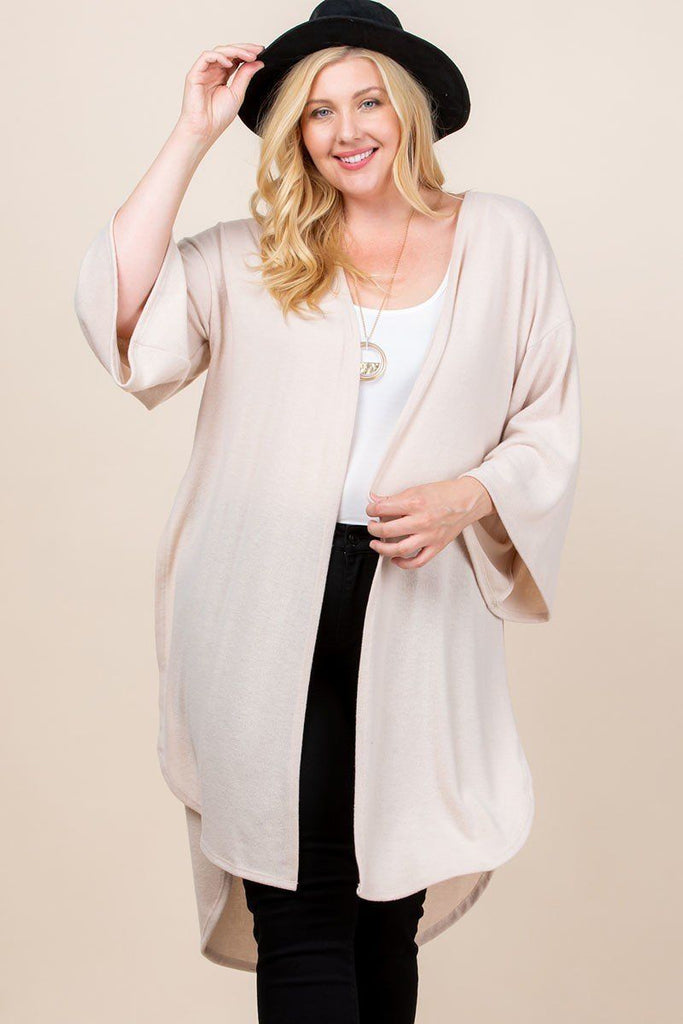 Plus Size Solid Hacci Brush Open Front Long Cardigan With Bell Sleeves - Deals Kiosk