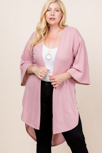 Plus Size Solid Hacci Brush Open Front Long Cardigan With Bell Sleeves - Deals Kiosk
