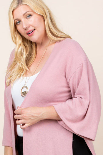 Plus Size Solid Hacci Brush Open Front Long Cardigan With Bell Sleeves - Deals Kiosk