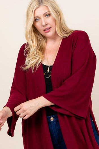 Plus Size Solid Hacci Brush Open Front Long Cardigan With Bell Sleeves - Deals Kiosk