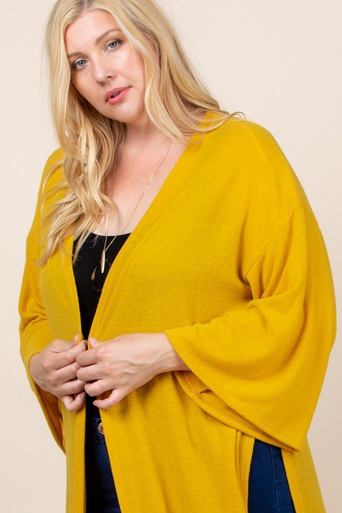 Plus Size Solid Hacci Brush Open Front Long Cardigan With Bell Sleeves - Deals Kiosk